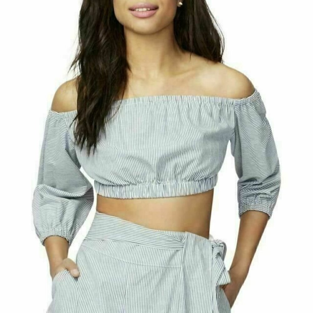 Rachel Rachel Roy Womens Blue Ruched Off-The-Shoulder Crop Top Shirt Size 14